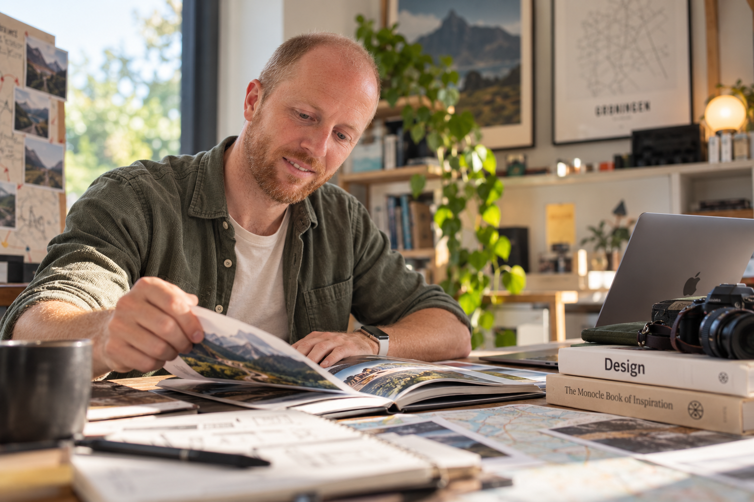 Foto van Jan Frederik zittend achter een tafel waarbij hij door een boek bladert.