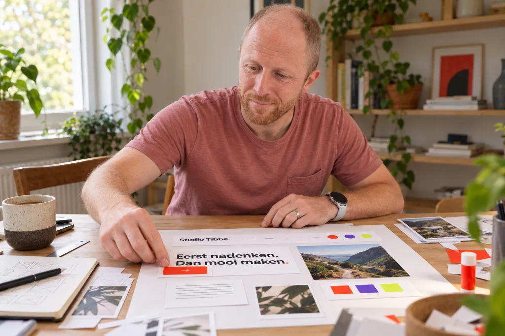 Foto van Jan Frederik waarbij hij een interface maakt met behulp van knipsels en losse elementen.