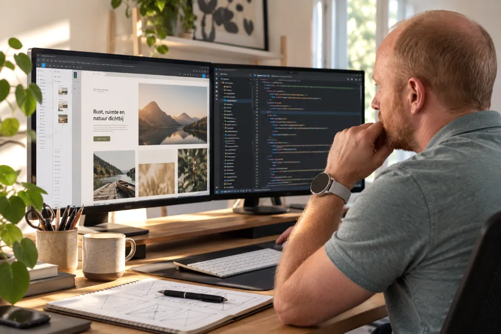 Foto van Jan Frederik waar hij achter een beeldscherm zit en een website programmeert.