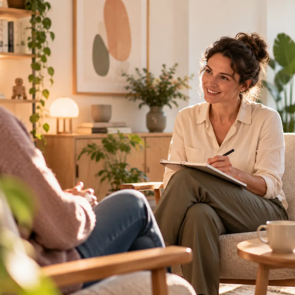 Foto van een psycholoog zittend op een stoel in gesprek met de patient tegenover haar.