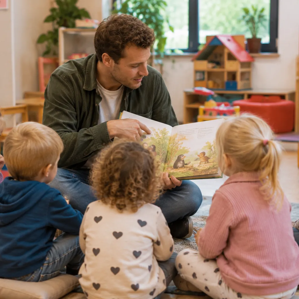 Pedagogisch medewerker leest voor aan peuters