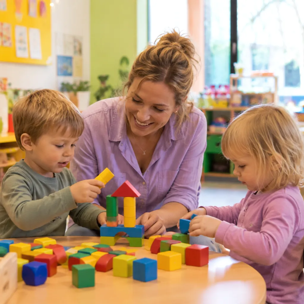 Kinderen spelen met houten blokken op een kinderdagverblijf
