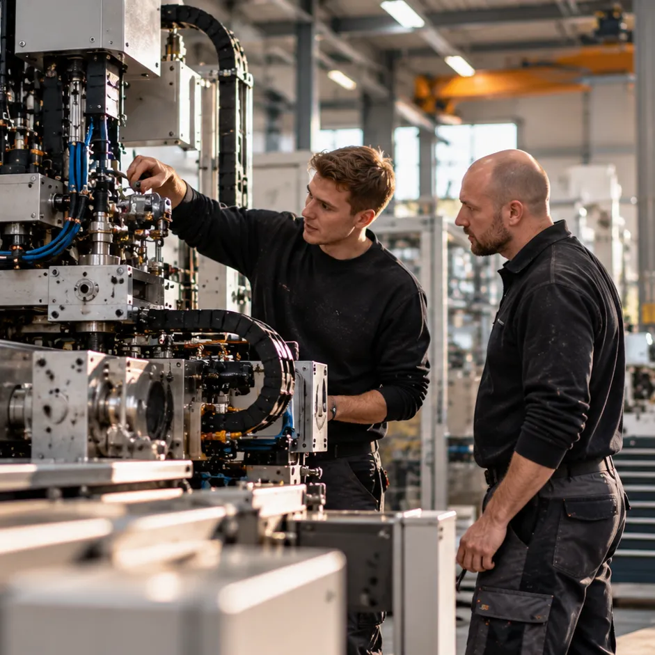 Twee mannen inspecteren een machine