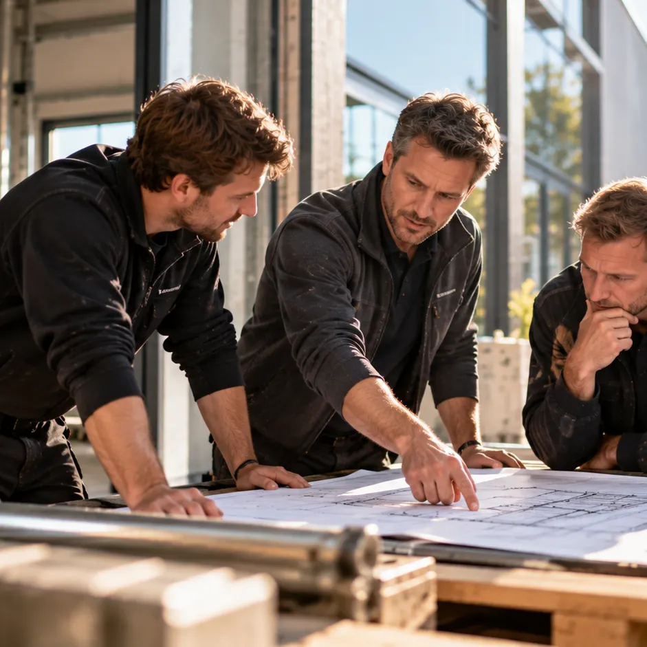 Drie mannen kijken naar een bouwtekening